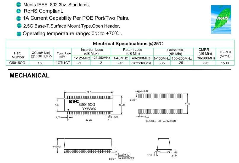 SMT 2.5g Base-T 1000mA SMD Dual Port Poe Magnetic LAN 2.5g / 5g Transformer G2515cg for PCB