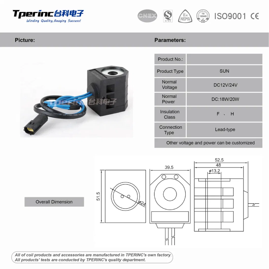 Excavator Electric Parts Hydraulic Threaded Cartridge DC12V/24V Solenoid Valve Coil for Engineering Vehicle